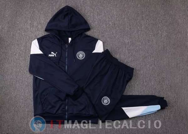 Giacca Felpa Cappuccio Set Completo Manchester City 21-22 Blu Navy Bianco