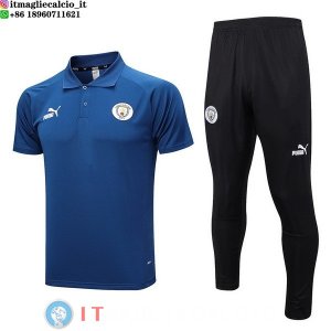 POLO Maglia Set Completo Manchester City 2023/2024 Blu Navy Nero