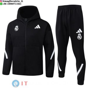Giacca con Cappuccio e Zip Completa e Pantaloni Real Madrid 25-26 Nero Bianco