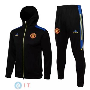 Giacca Felpa Cappuccio Set Completo Manchester United 21-22 Nero Blu Giallo