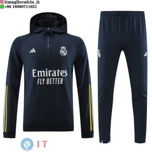 Giacca Felpa Cappuccio Set Completo Real Madrid 2023/2024 Blu Navy Giallo
