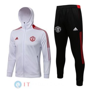 Giacca Felpa Cappuccio Set Completo Manchester United 21-22 Bianco Nero